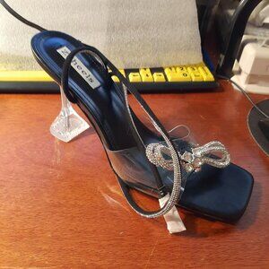 NEW ! Zzheels Double Bowknots Crystal Sandal Clear Heel Square Toe Black Size 11